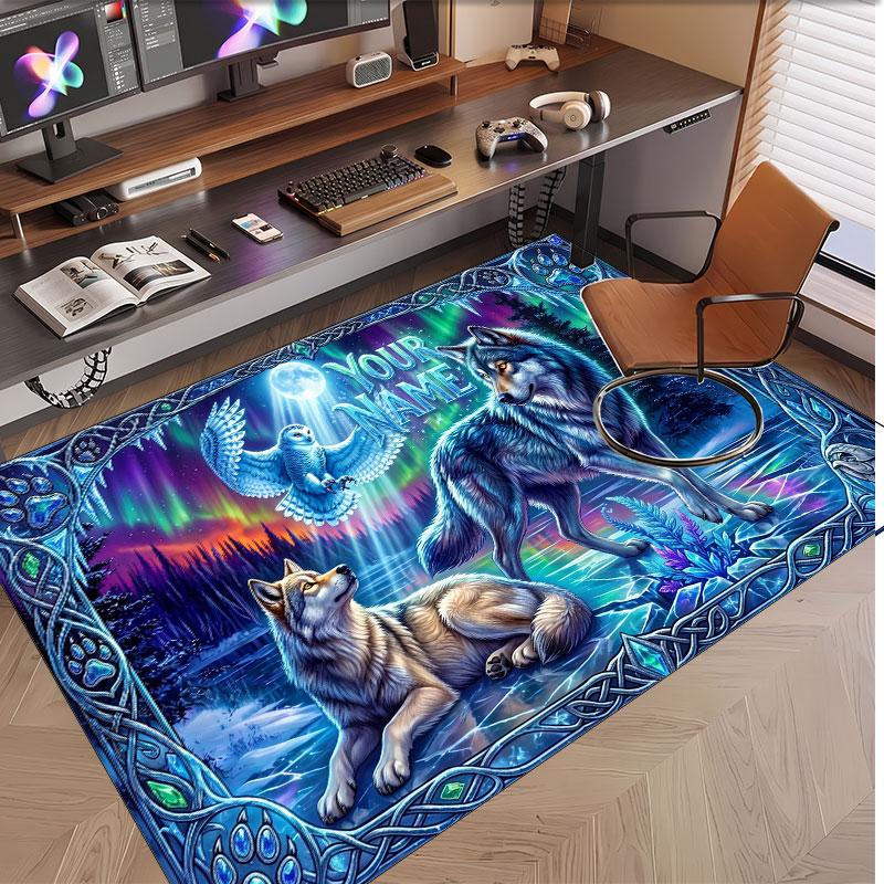 Wolf Theme Soft Crystal Velvet Rug Custom Name & Text Print Non Slip Floor Rug for Bedroom Living Room