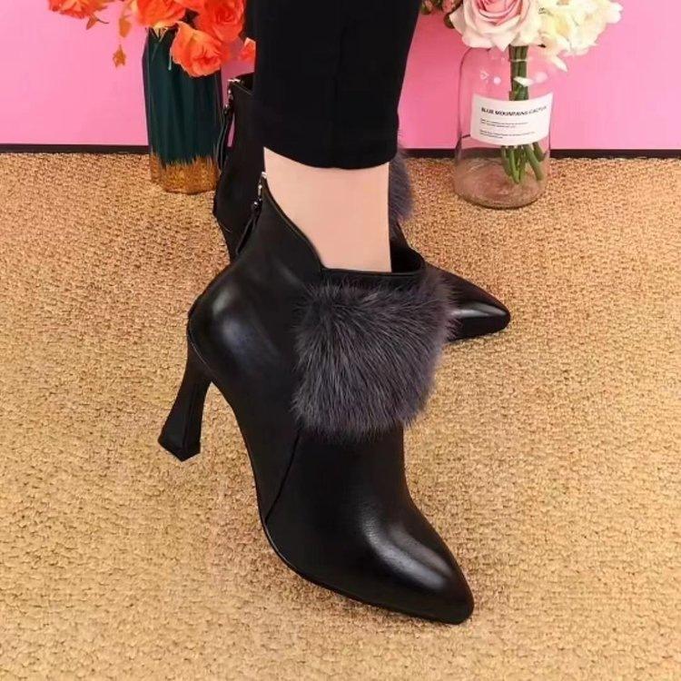 2025 New Autumn and Winter Shoes Stiletto High Heels Small Heel Back Zipper Pointed Short Boots Velvet Thermal Women's Shoes Cotton Boots