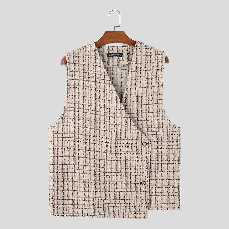 INCERUN Men V Neck Front Cross Sleeveless Waistcoat Texture Plaid Vest Coats