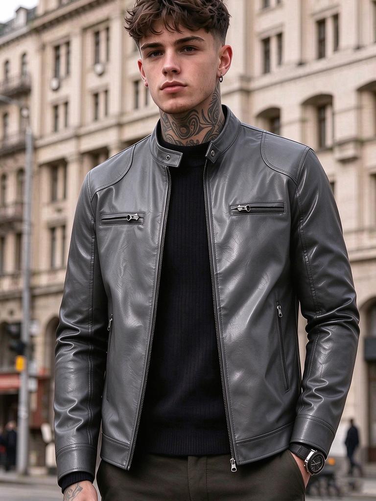 New men's stand-up collar PU leather jacket slim locomotive jacket spring and autumn business casual ruffian handsome jacket