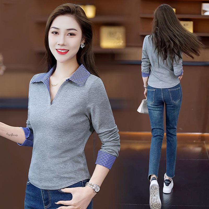Women's Versatile Two-Piece Look Stitching Polo - Slimming Long Sleeve Top for Spring 2025.
