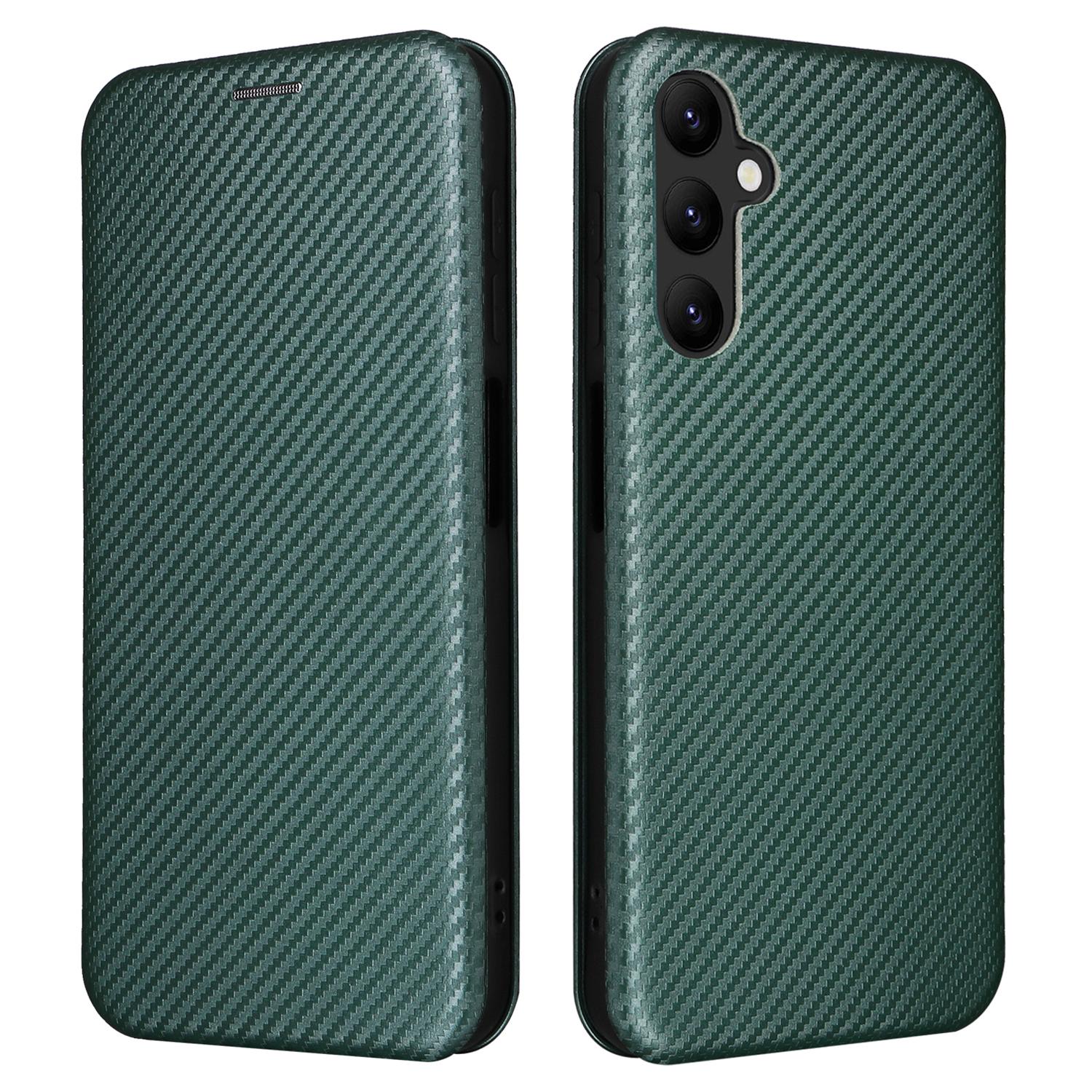 

For Samsung Galaxy A25 5G (Global) (161.0 x 76.5 x 8.3mm) Card Holder Case Carbon Fiber Texture Phone Leather Stand Cover Green