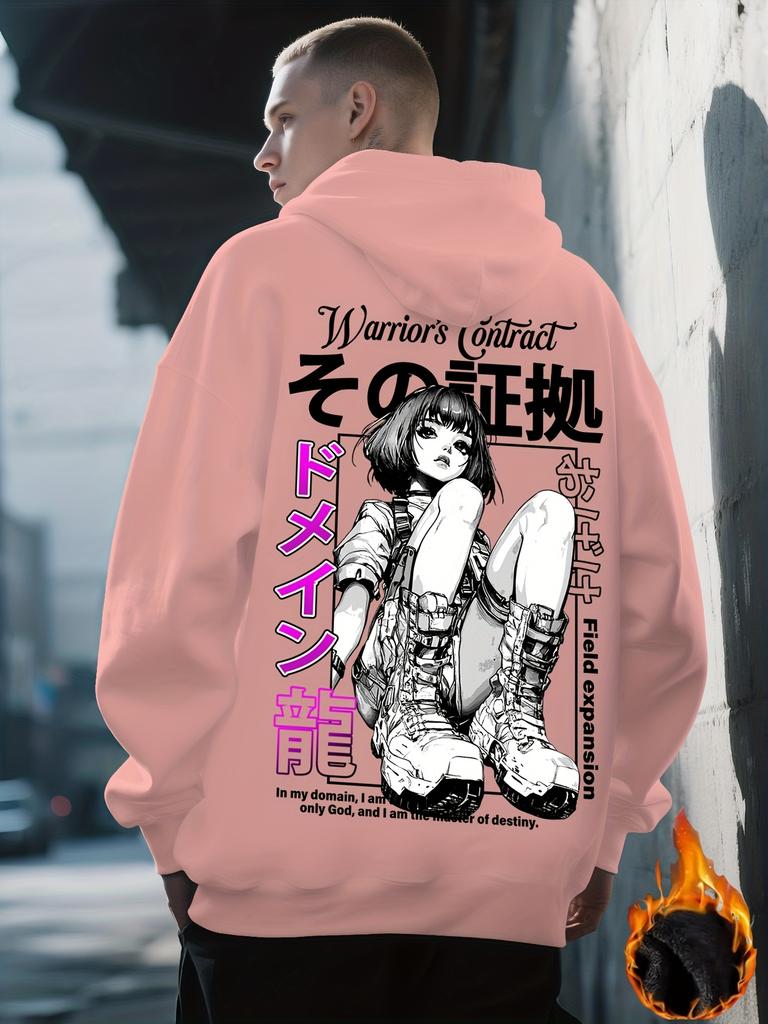 Men's Fall/winter Casual Sports Street Anime Manga Female Character Pattern Printed Outdoor Warm Hooded Sweatshirt