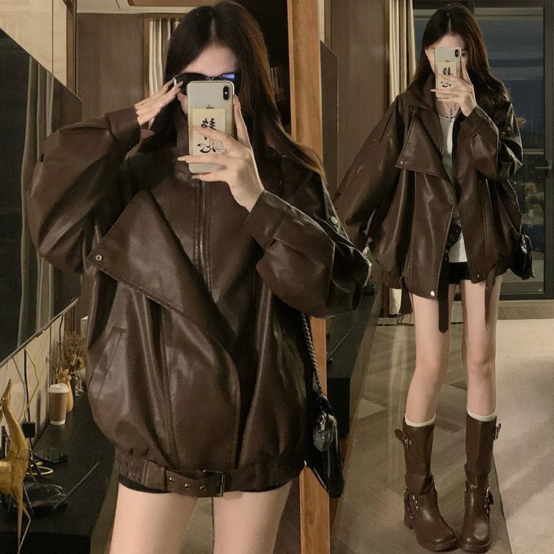 Kumikumi American vintage PU Leather Long sleeve Outerwear Women clothes Autumn Loose Slimming Versatile Stand Collar Jacket Top