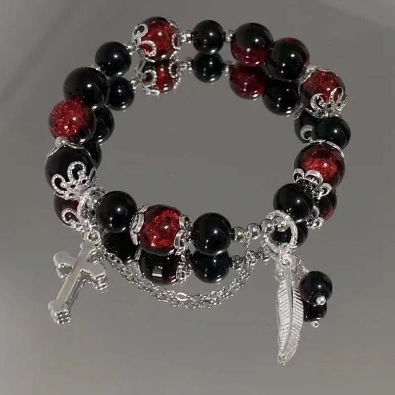 Chinese Style Red Crystal Feather Cross Pendant Bracelet For Girls Women Vintage Elastic Beaded Chain Bracelet Jewelry Gifts
