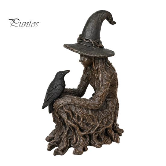 Decorative Witch Statue Halloween Tree Statue, Gothic Crow Resin Figurine, Retro Figurine Dark Fantasy Enchanting Ornament, Holiday Party Supplies