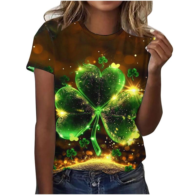 St. Patrick's Day Women T Shirt 3D Lucky Four-leaf Clover Graphic Print T-Shirts Unisex Crew Neck Short Sleeve Casual Kids Tops