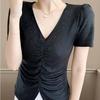 Summer Sexy V-Neck Streetwear T-Shirt For Women Chic Luxury Hot Diamonds Slim Tops Elegant Short Sleeve Tees