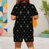 Women Plus Size Blue Green Paisley Printed Round Neck Short Sleeve Top Pocket Shorts Two Piece Set