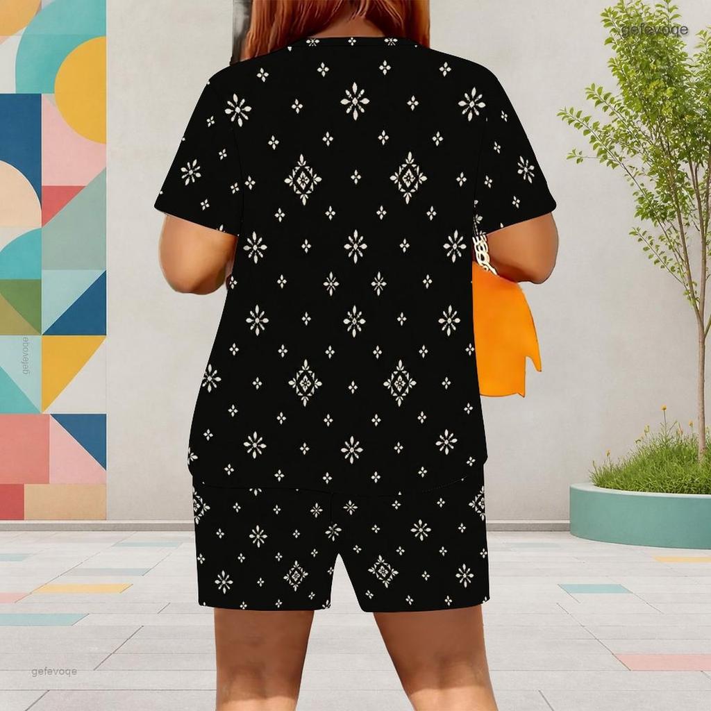 Women Plus Size Blue Green Paisley Printed Round Neck Short Sleeve Top Pocket Shorts Two Piece Set