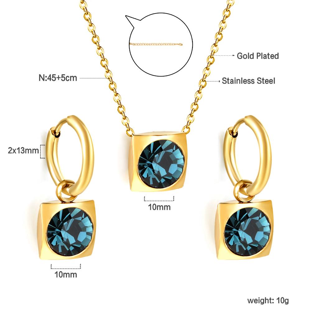 Square Multiple Color Crystal Pendant Necklace Earrings Set Stainless Steel Zircon Set 2Pcs For Women Party Gifts Free Shipping
