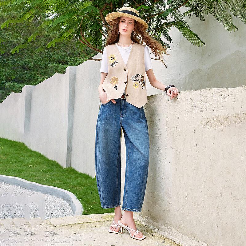 CHUYU Floral Embroidery Linen-Blend V-Neck Vest