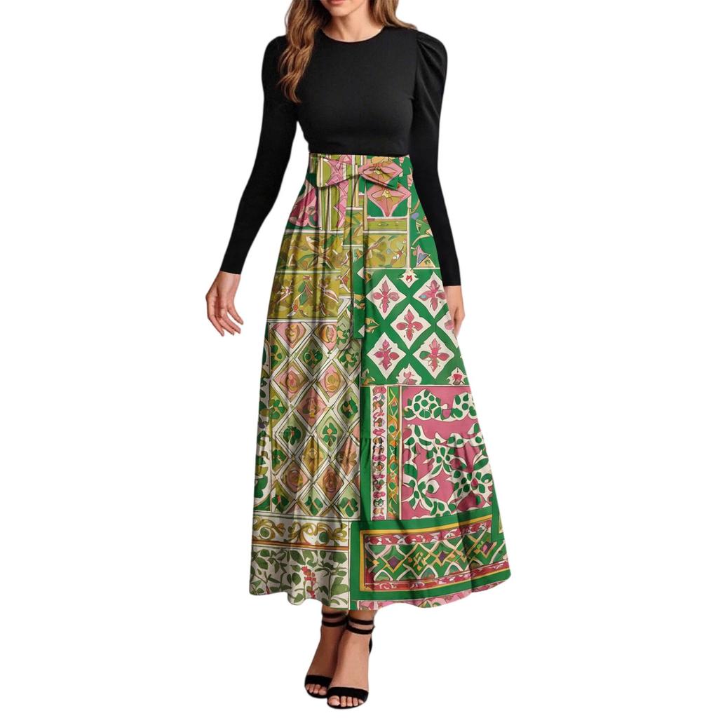 Women's Fashion Casual Belted Long Sleeve Round Neck Floral Printed Elegant Temperament Dresses