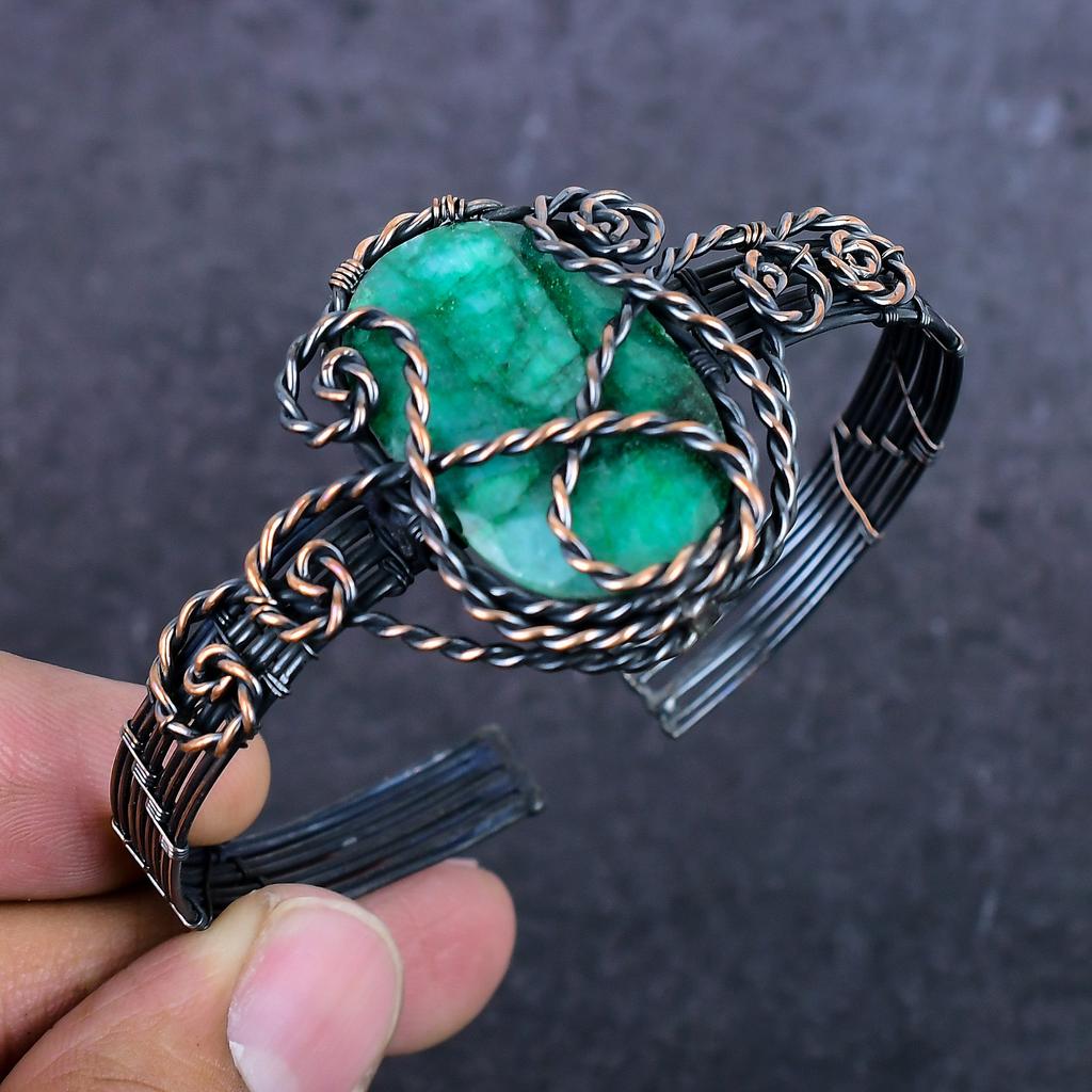 Geen Jade Gemstone Handmade Copper Wire Wrap Cuff Bangle Adjustable ET-4965