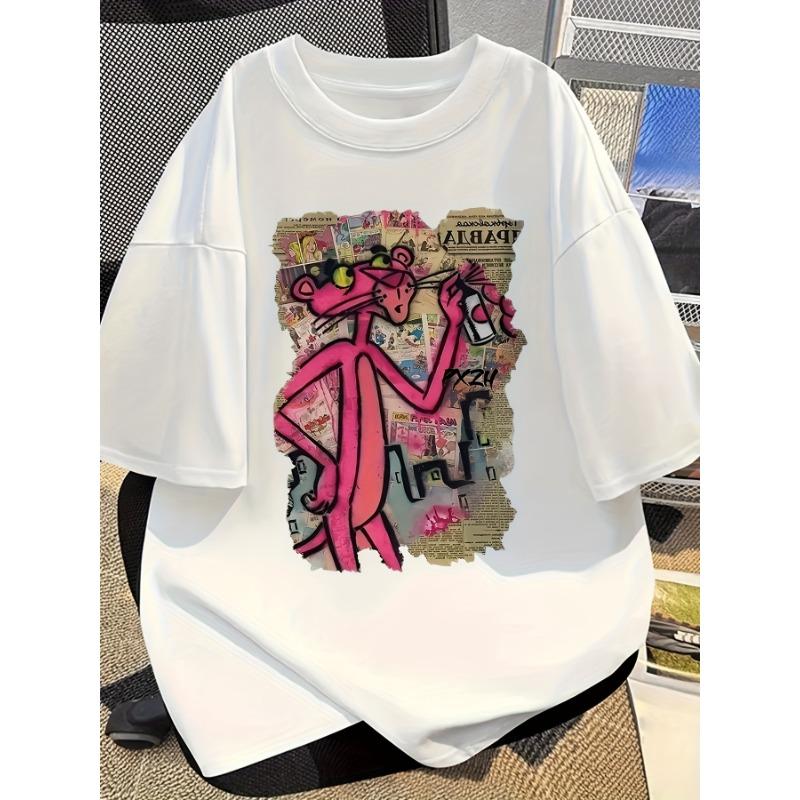 Women's Fashion Pink Panther Pattern Printed Short Sleeve T-Shirt Casual Tops Fashion Commuter Tops Trendy Breathable Cotton