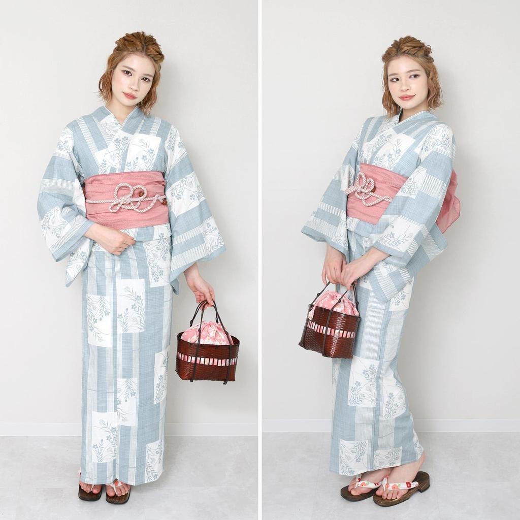 Yukata Set of One Size Fits Classic Checkered X Heiko Obi In [Fuuka] Women's 2, Adults, Most, Pattern, (Light Blue, White) (Made Japan/Coral)