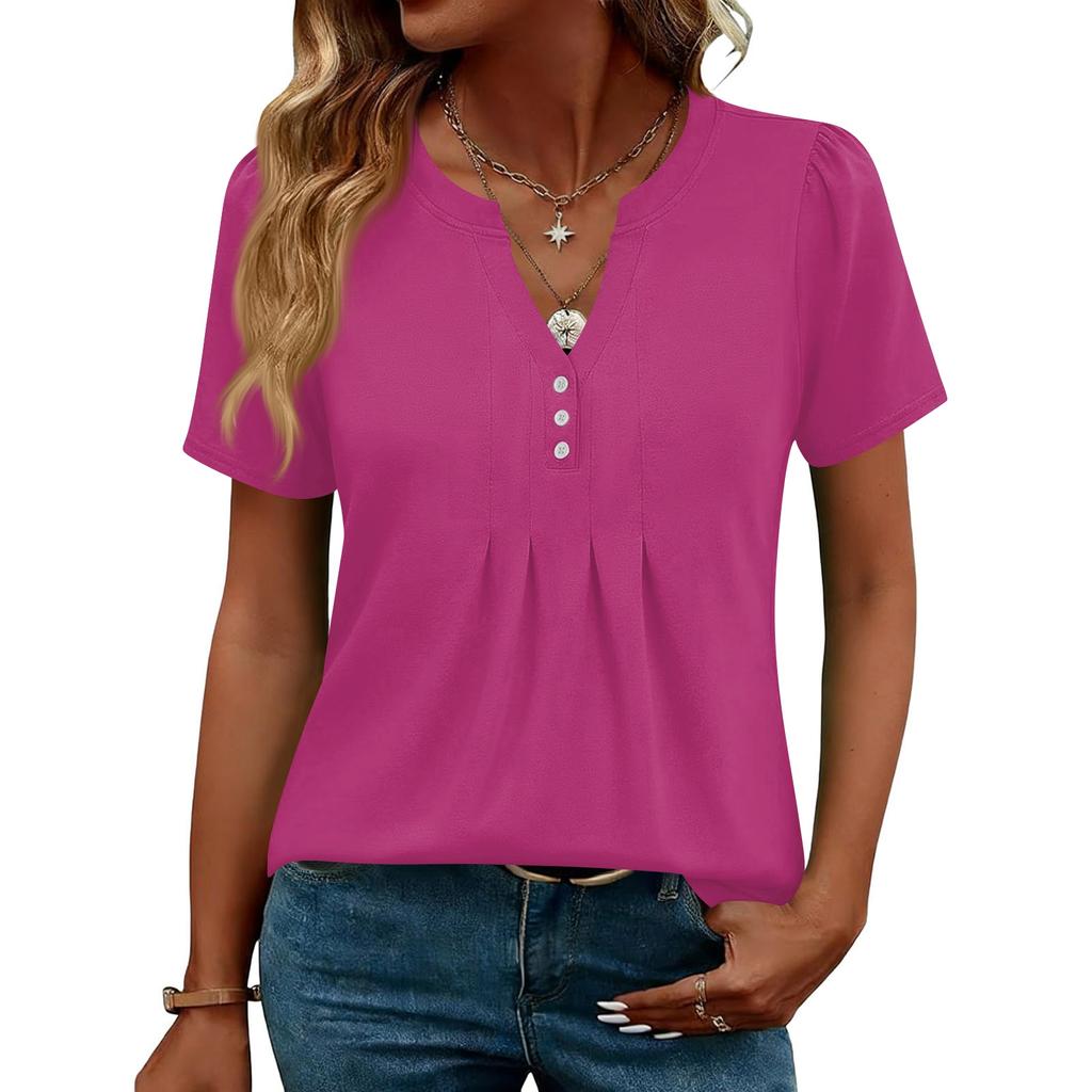 Damen Oberteile Festlich Lässig V-Ausschnitt Kurzarm Hemden Plissierte Blusen Knopfleiste Tunika