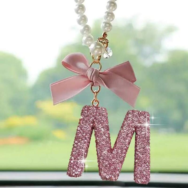 Creative Diamond Fashionable Bow Letter Car Pendant Car Rearview Mirror Decoration Exquisite English Pendant Decoration