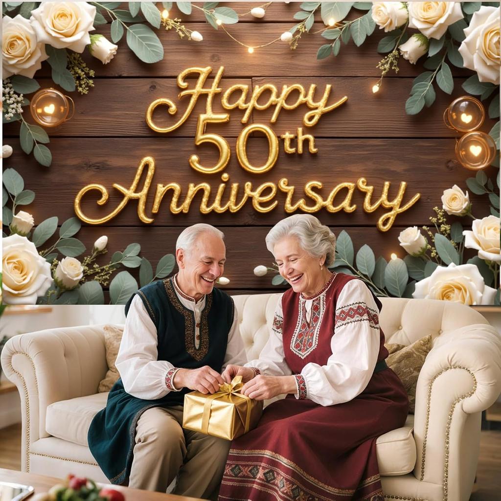 Happy 50th Anniversary Decorations Banner, 50th Wedding Anniversary Party Decoration Floral Backdrop, Celebration Golden Wedding Birthday Party