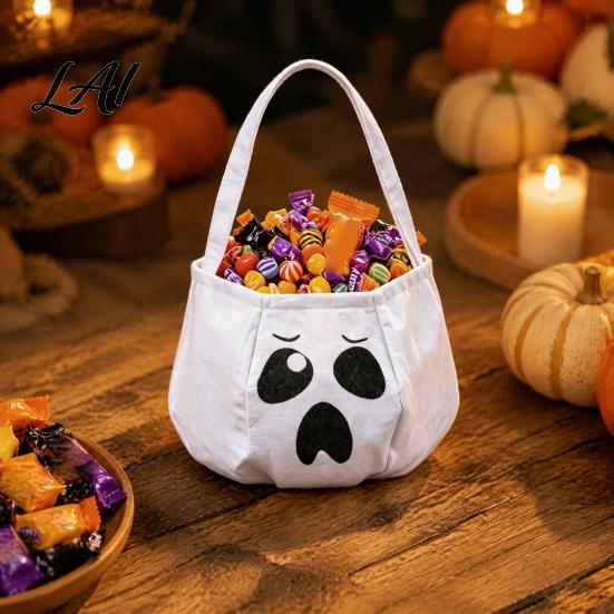 Sturdy Fabric Candy Buckets Halloween Trick or Treat Bag Funny Ghost Expressions Non-woven Handbag Accessories Lightweight for Kids Party Favors And