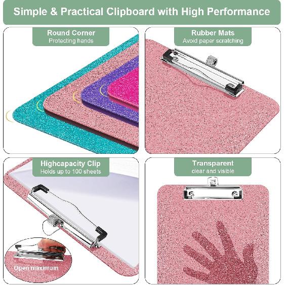 1 Pcs Clear Glitter Clipboards, Plastic Clipboard with Pen Holder, Size 8.85 x 12.4 in Shiny Clipboards with Low Profile Clip, Cute Hanging Clipboard