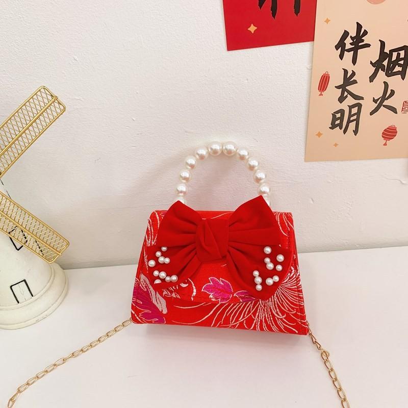 Adorable Red Shimmering Bow Pearl Children's Shoulder Bag For New Year Celebrations