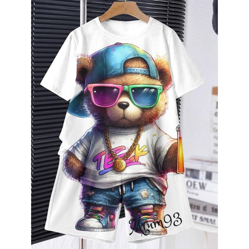 Anime Trend Bear Print Short Sleeve T-shirt Shorts 2 Summer Men's Fashion Street Short Sleeve Suit Heat Insulation Anti-wrinkle