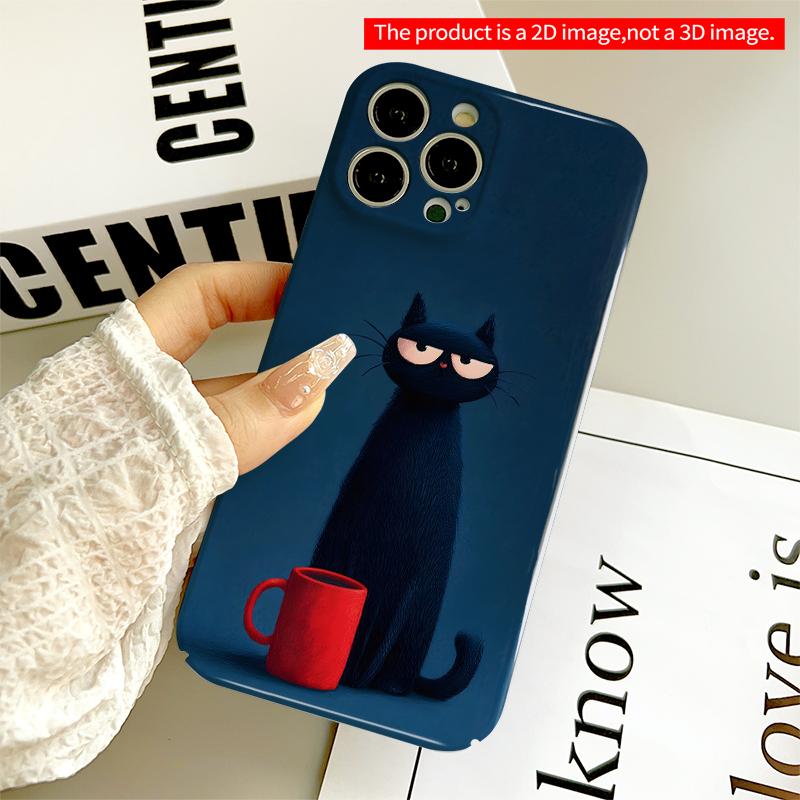 2DFlat Grumpy Black Cat with Red Mug All inclusive film hard iPhone case, compatible with iPhone 18 Pro Max 17 16 15 14 13 12 11