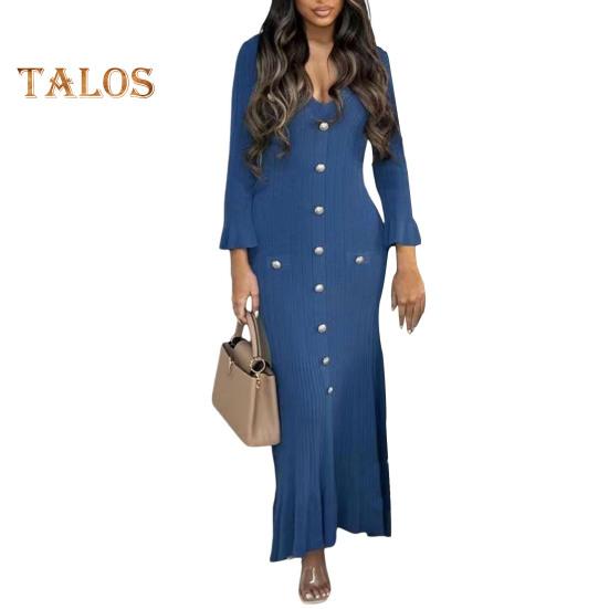 Spring Fall Women Dress Button Decor V Neck Knitted Long Sleeves Slim Fit Patchwork Fishtail Hem Solid Color Stretchy Maxi Dress