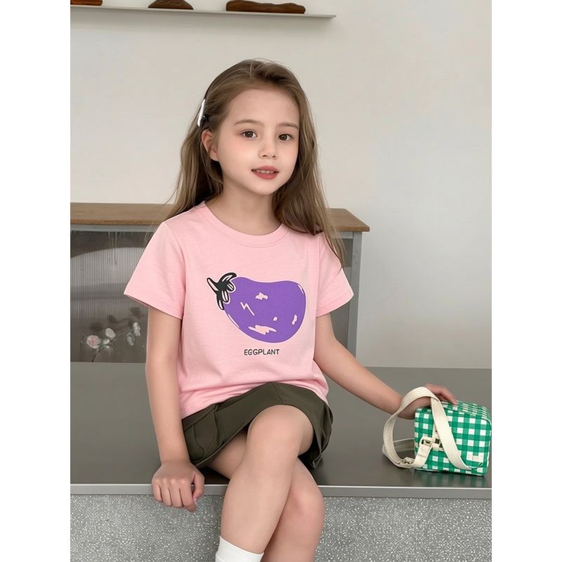 Pure Cotton Printed Korean Style Brand Children's Clothing Short-Sleeved T-Shirt 2024 Summer Girls' Base Shirt 27Home Baby Clothes