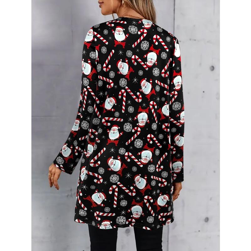 Women's Cute Christmas Santa Cane Print Cardigan, Long Sleeve Casual Holiday Outerwear,fashion christmas clothes ,leisure christmas outfit