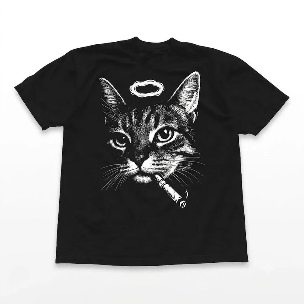 Smoking Cat Dark Humor Cigarette Black TShirt S
