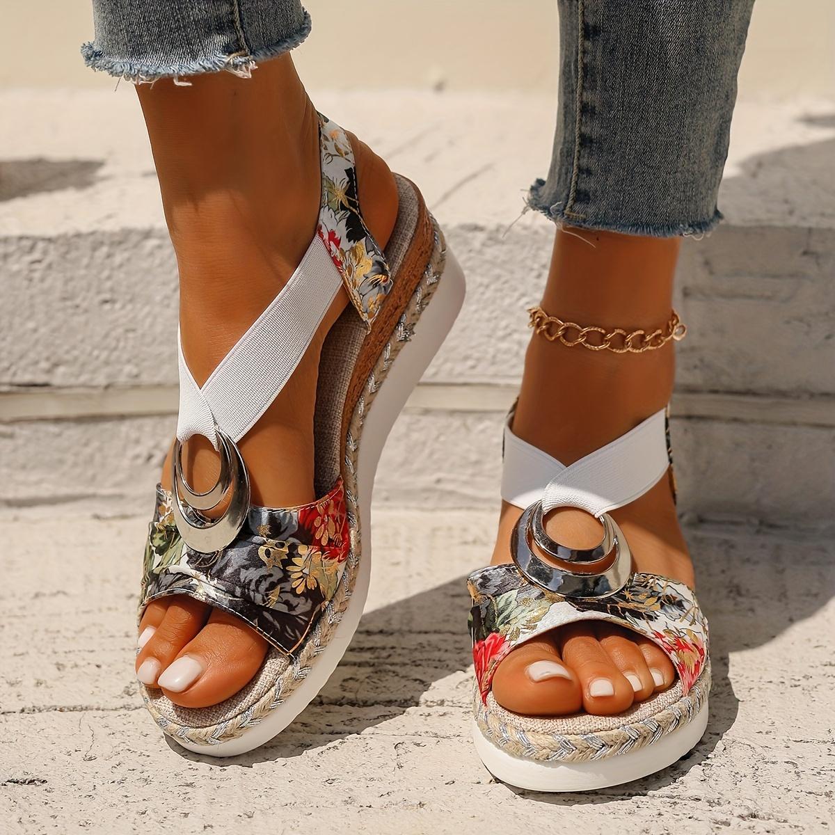 Women s Summer Fisherman Sandals - Metallic Buckle Decorated Rope Wedge Heel, Mules Slip-On Shoes for Women 36