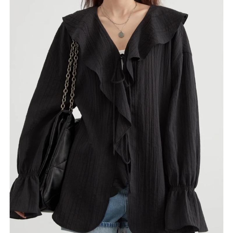 Frühlingsrüschen Schlagärmel Schnürung Vintage Lässige Hemden für Damen Mode Elegant V-Ausschnitt Lockere Blusen Damen Oberteile Slim Fit Einfarbiges Damenhemd 25999