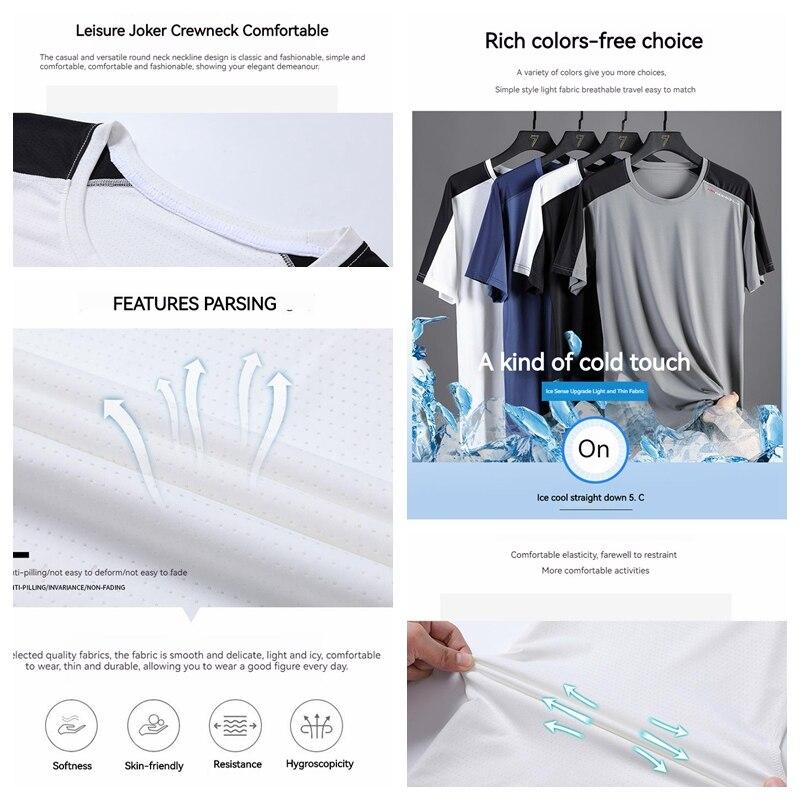 (L-5XL)Summer Ice Silk Quick Dry Sport T-shirt Camping Hiking Fishing Short-Sleeved Shirt Man Casual Loose Round Neck Gym Fitness Tops