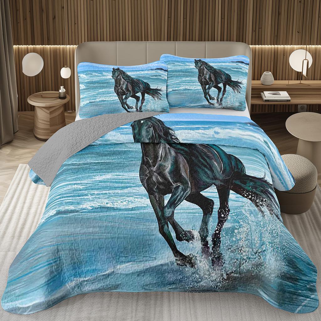 Wild Horse Bedspread Queen/Full Galloping Horse Pattern Quilted Bedding Set Farm Animal Coverlet Set Reversible Rustic Bed Cover