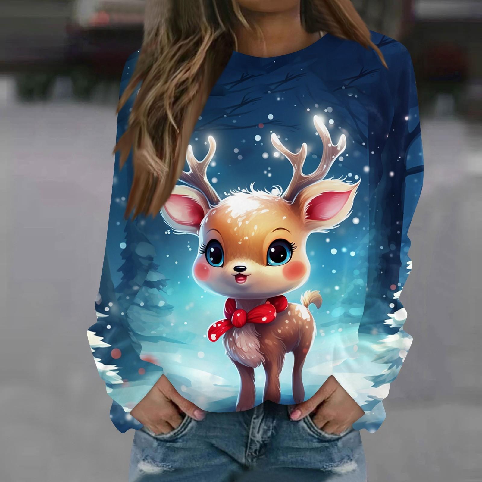 

Женская повседневная мода с рождественским принтом и длинным рукавом с круглым вырезом, пуловер, блузка, толстовка XL