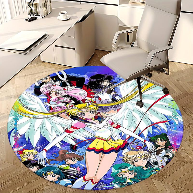 1pc Sailor Moon Anime Cartoon Design Round Carpet  Office Chair Mat, NonSlip Rug for Home Decor, Living Room, Bedroom, Game Room