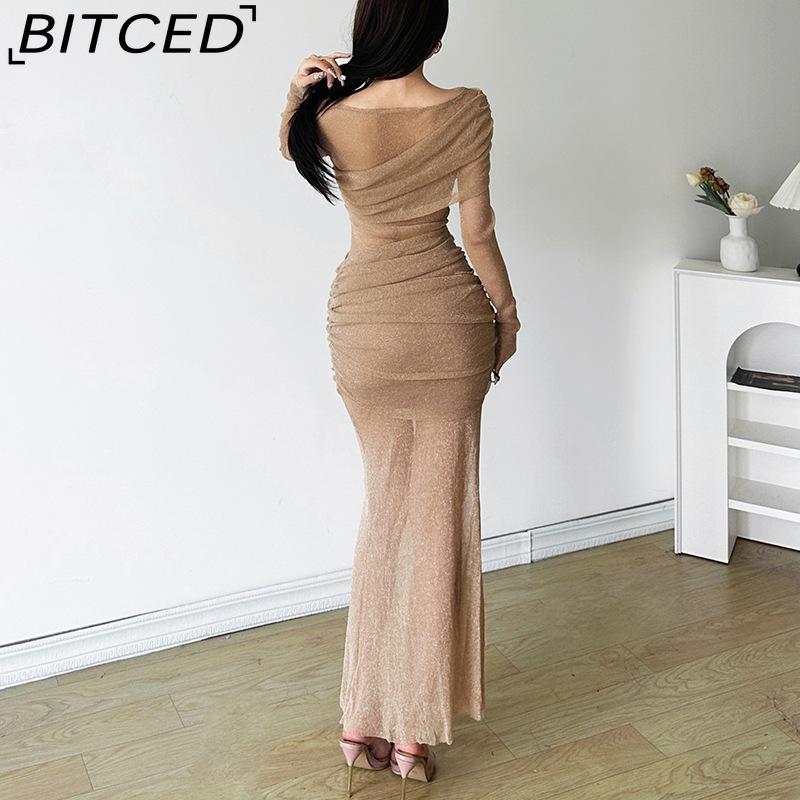 BITCED Fall Women's Solid-Color Slim-Fit High-Waisted Fashion O-Neck Long-Sleeve Mesh Dress