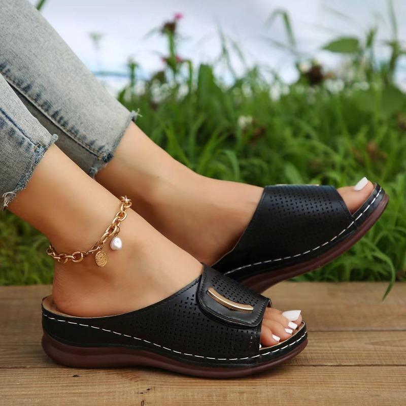Women's Plus Size Wedge Sandals Women's Wide Strap Strap Breathable Casual Shoes Solid Color Wedge Shoes