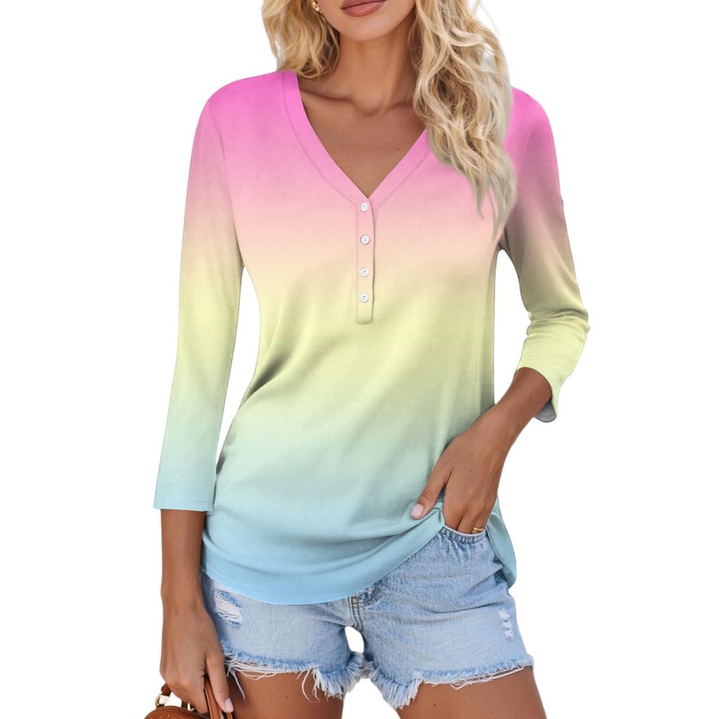 Women's Casual Fashion Sexy Comfortable V-neck Button Gradient Color Three-quarter Sleeve Top