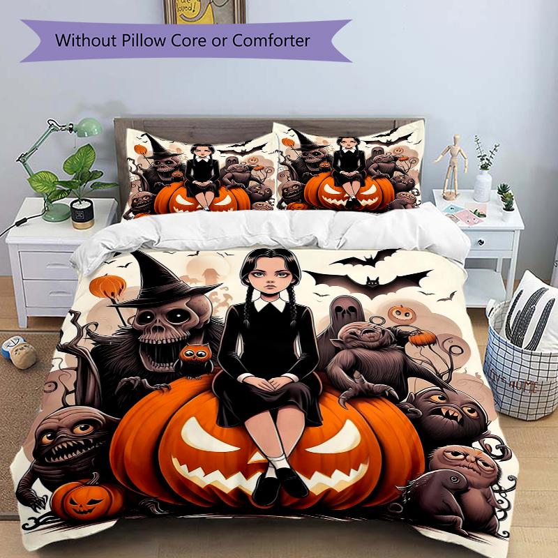 

3pcs Addams Family Halloween Quilt Set Cartoon Themed Bed Quilt Set Lovely Character Bedroom Decor Bed Quilt Set Four Seasons (1 Cover + 2Pillowc 135x200cm