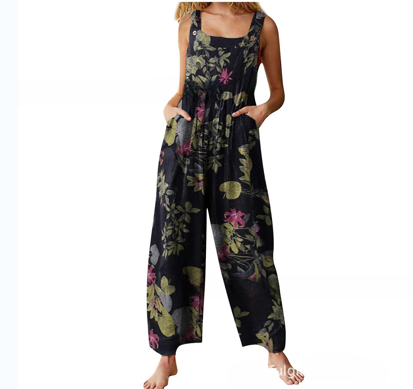 

Летние женские комбинезоны на бретелях, винтажный комбинезон нагрудник с цветочным принтом, длинный комбинезон с широкими штанинами и длинными рукавами, комбинезон, комбинезон 2XL чёрный
