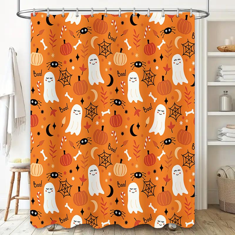 Halloween Ghosts Spider Web Pumpkin Candy Halloween Shower Curtain Home Decor Waterproof Bat Red Leaf Cartoon Orange Print Bathr
