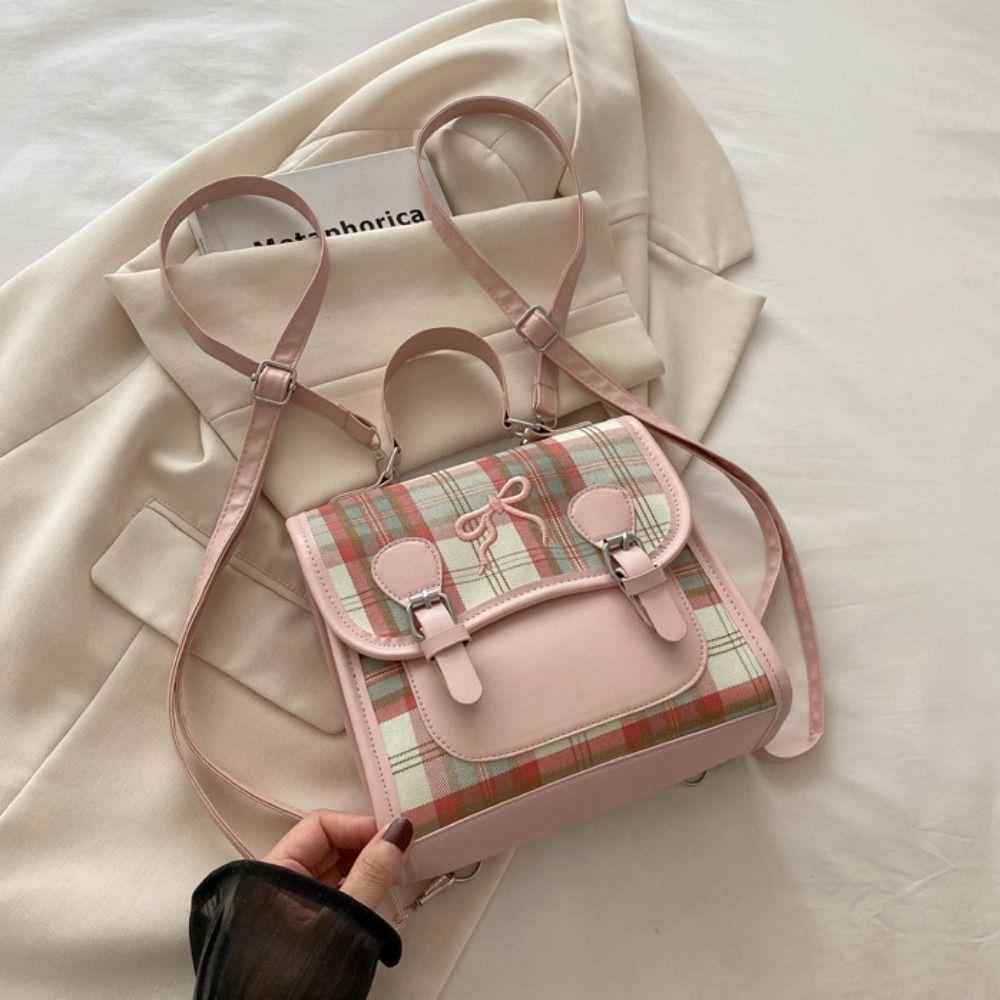 Mochila com Grade e Laço Bolsa de Mão PU para Adolescentes Bolsa Escolar Criativa Feminina Bolsa Transversal Presente