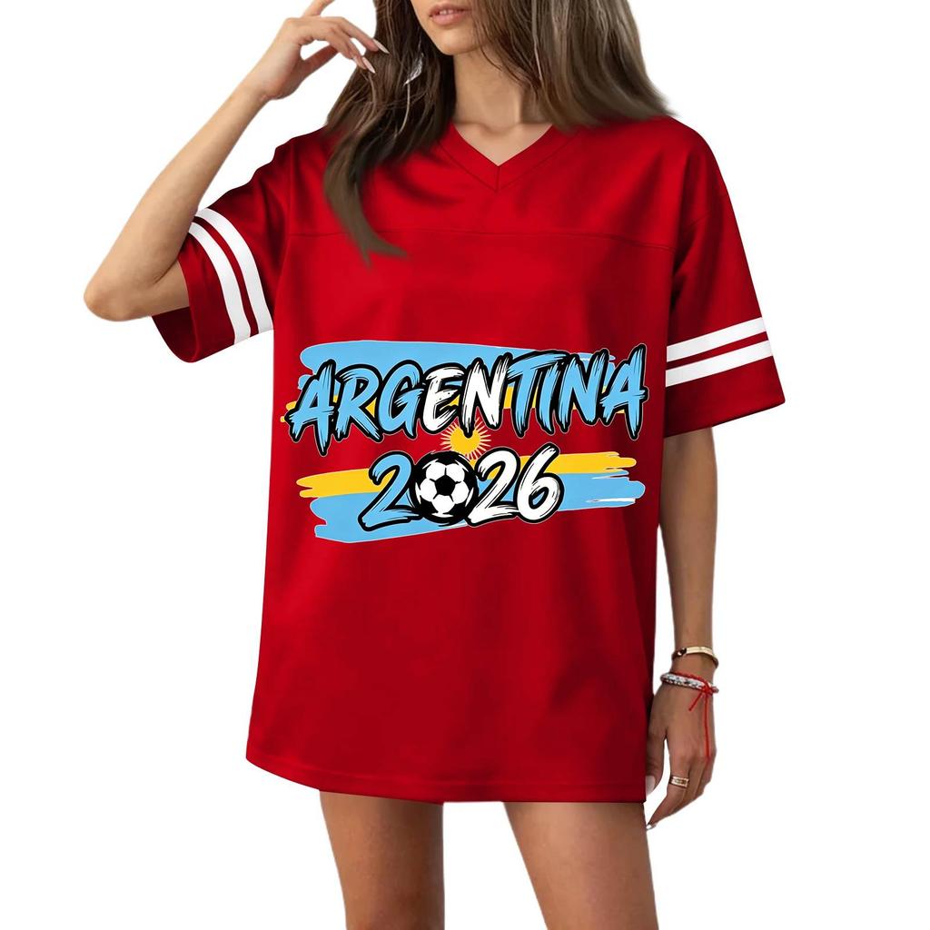 Women’s Casual V Neck Short Sleeve T Shirt with Soccer Themed Graphic Print and 2026 Lettering for Sports and Wear