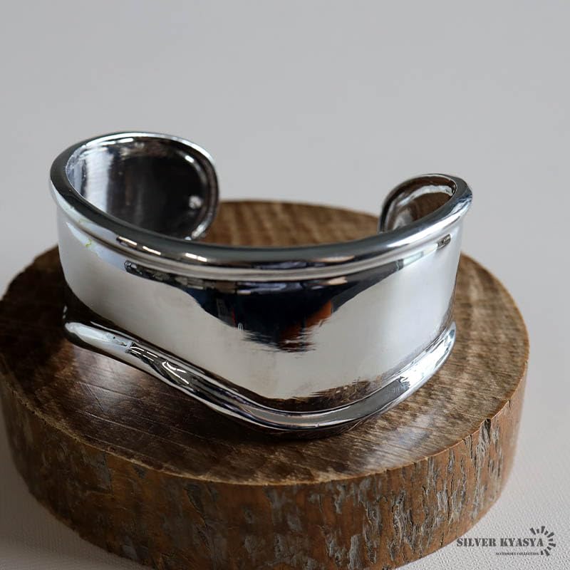 Wide Bangle Bracelet for Gold or 18K GP Simple Bone Cuff Women, Silver, Mirror-Finished, Gold, (Silver)