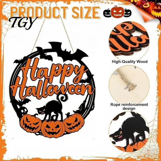 Fall Front Porch Signs Halloween Wooden Wreath Door Hanger Sign, Pumpkin Ghost Black Cat Witch Weatherproof Wall Decorations Bat Patterns, Hanging