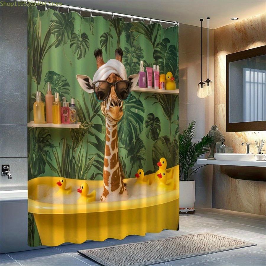 1 Stück Giraffe in der Badewanne Duschvorhang mit Enten - Verspielte Giraffe mit Handtuch & Modischer Brille, Rustikales Dschungel-Badezimmer Dekor