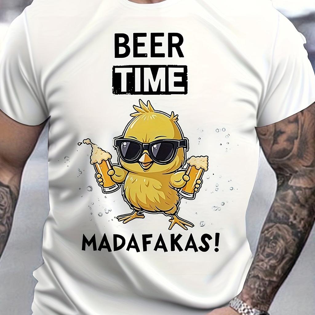 Mens Funny Beer Drinking Chicken Graphic TShirt  Black with White Print  BEER TIME Slogan Casual Round Neck